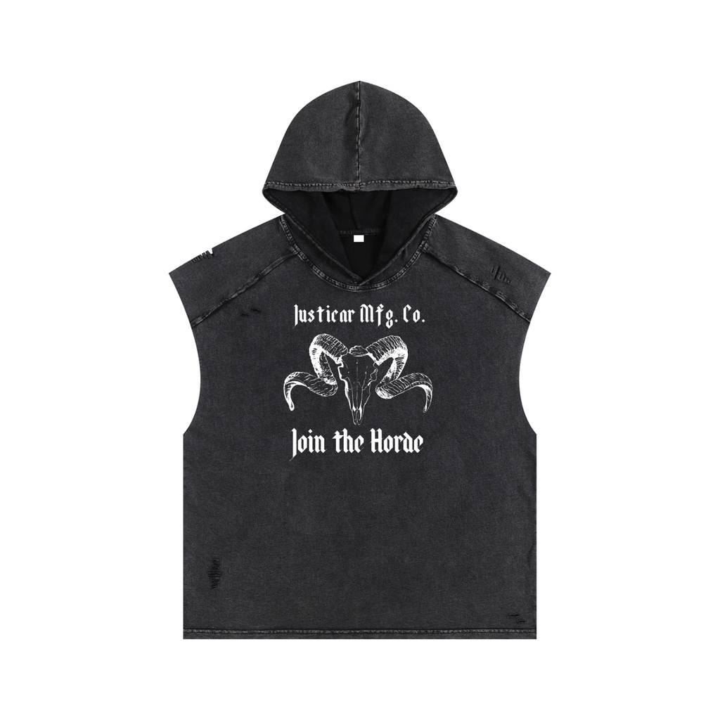 A black washed hooded sleeveless vest with a distressed texture, featuring a white graphic of a ram skull and the text 'Justicar Mfg. Co.