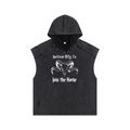 A black washed hooded sleeveless vest with a distressed texture, featuring a white graphic of a ram skull and the text 'Justicar Mfg. Co.