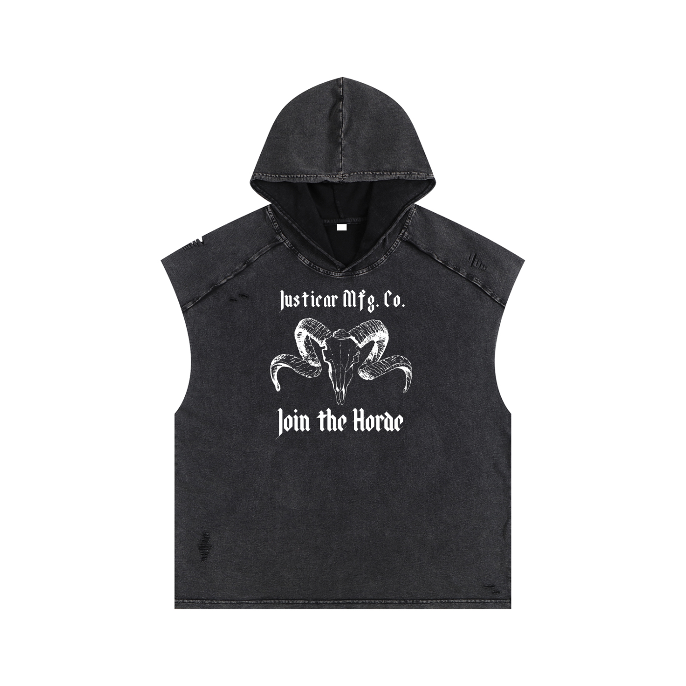 A black washed hooded sleeveless vest with a distressed texture, featuring a white graphic of a ram skull and the text 'Justicar Mfg. Co.