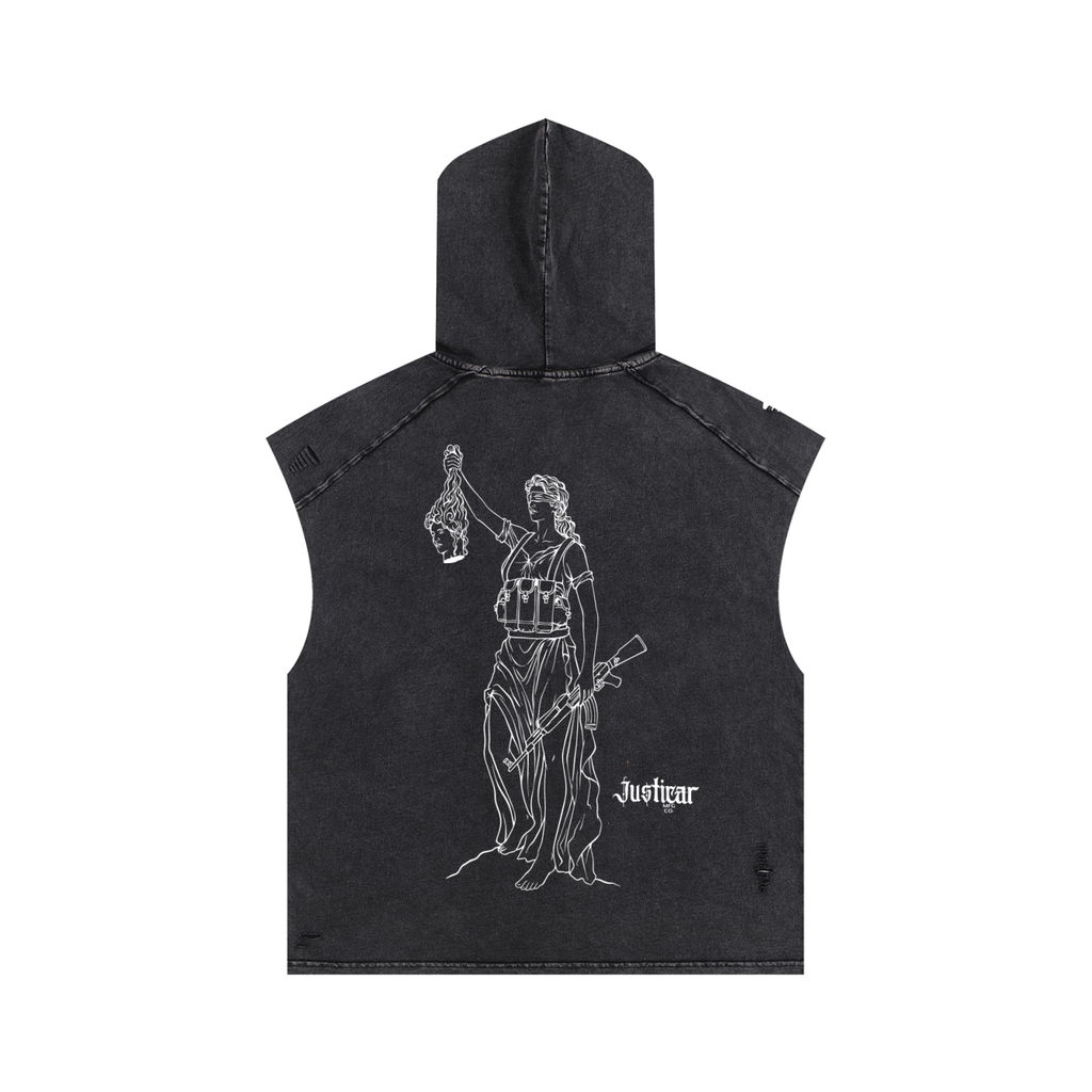 A black washed sleeveless hooded vest with a white line-art graphic of Lady Justice on the back, shown against a plain white background.