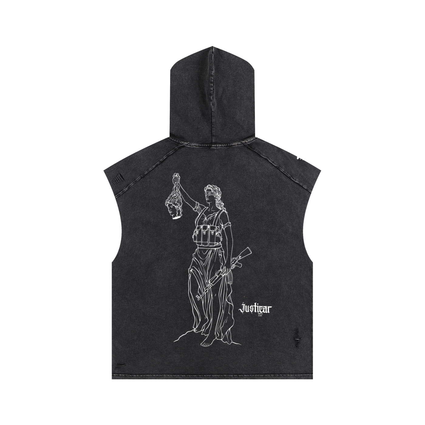 A black washed sleeveless hooded vest with a white line-art graphic of Lady Justice on the back, shown against a plain white background.